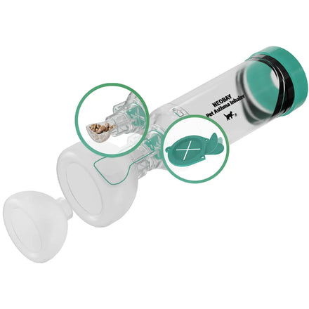 Neobay Cat Aerosol Chamber with mask attached - front view on white background