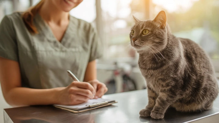 Tabby cat beside a person writing notes on a clipboard at a bright consultation table with natural light
