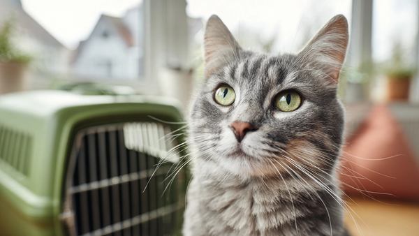 Silver tabby cat tilting its head beside a blurred sage green carrier in a bright European apartment