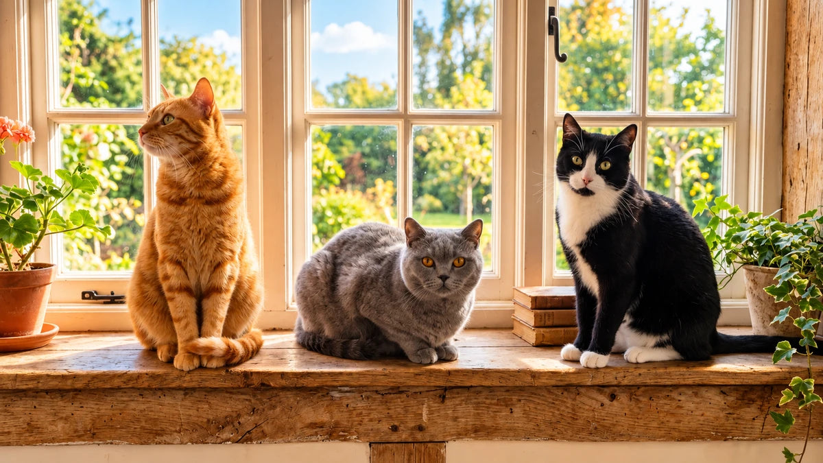 Three healthy cats resting together on a wooden windowsill in warm natural sunlight
