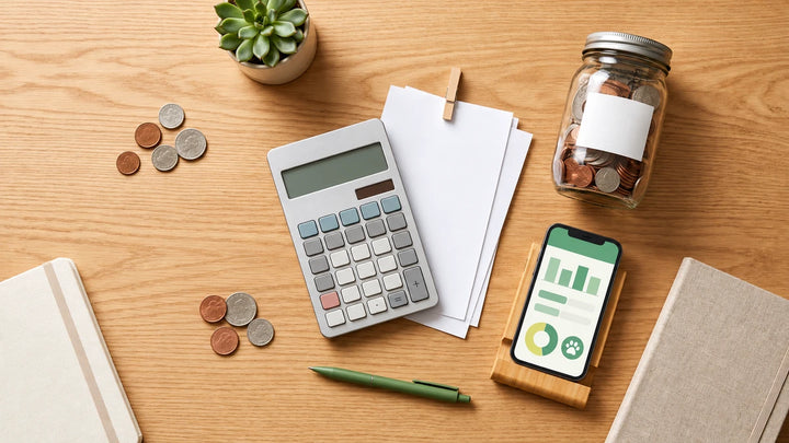 Calculator, blank papers, savings jar and notebooks on a wooden desk for planning pet care