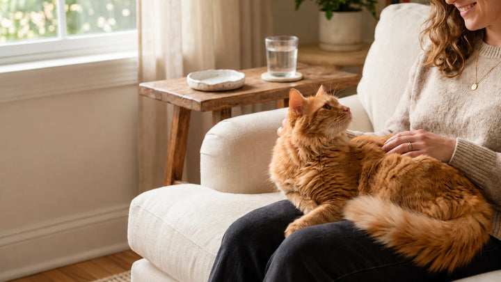 Orange long-haired cat resting on its owner’s lap beside a sunlit window in a calm home