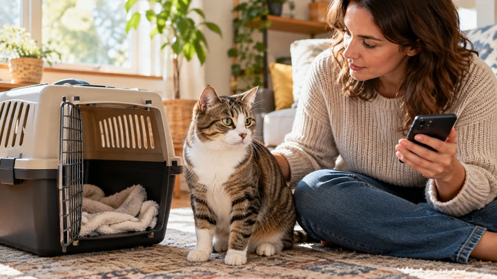 A calm tabby cat beside an open carrier while its owner prepares to call a veterinarian at home.