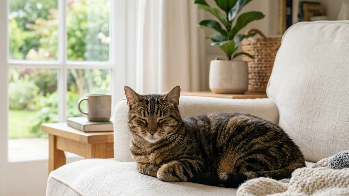 Healthy tabby cat resting peacefully on a sofa in a bright living room, calm home atmosphere
