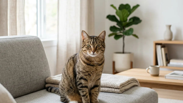 Healthy domestic shorthair cat resting calmly on a sofa in a bright modern living room