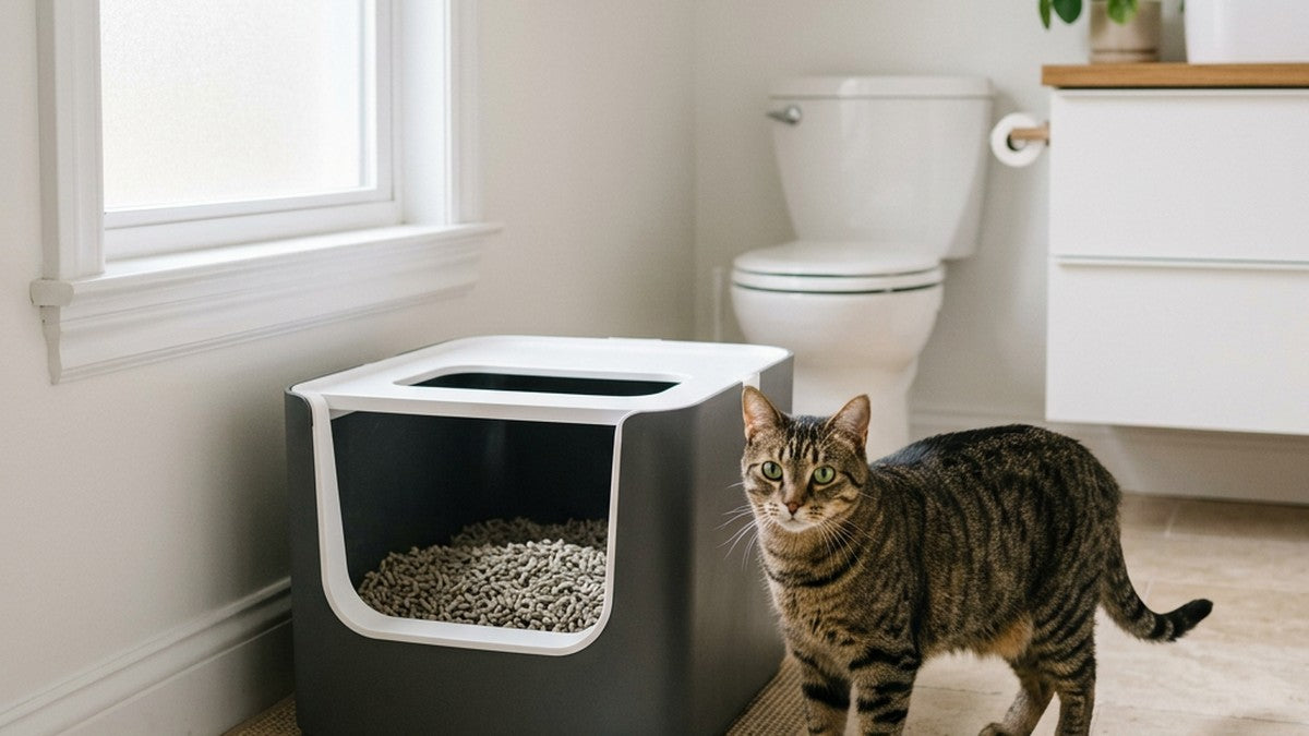Domestic cat near a clean low-dust litter box setup - choosing the right litter for cats with asthma