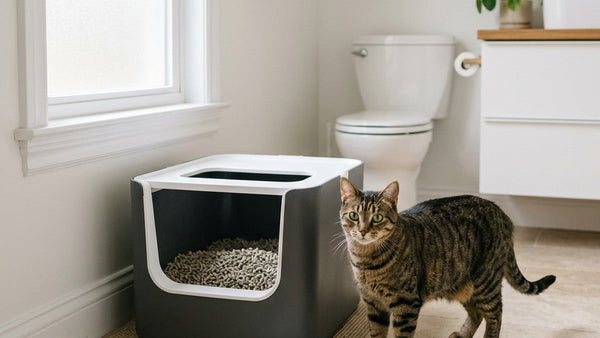 Domestic cat near a clean low-dust litter box setup - choosing the right litter for cats with asthma