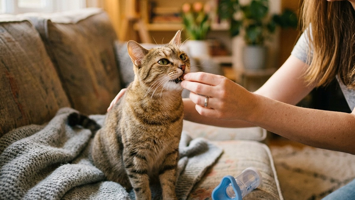 Cat being positively rewarded with treats during inhaler mask training - stress-free technique