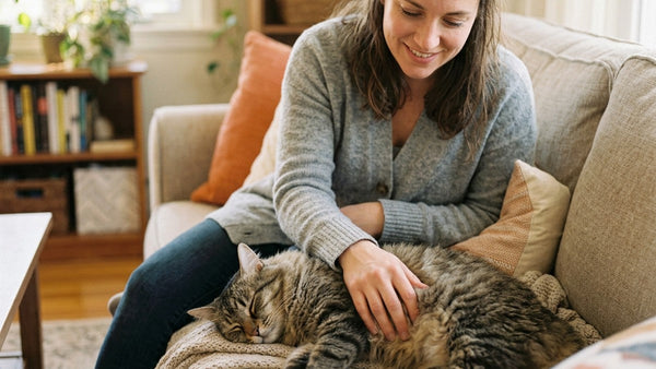 Attentive cat owner gently checking their cat's breathing at home - knowing when to seek emergency care