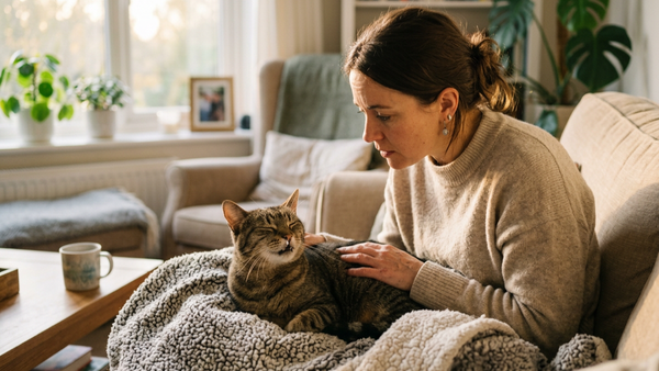 Cat owner with sneezing cat - feline rhinitis guide