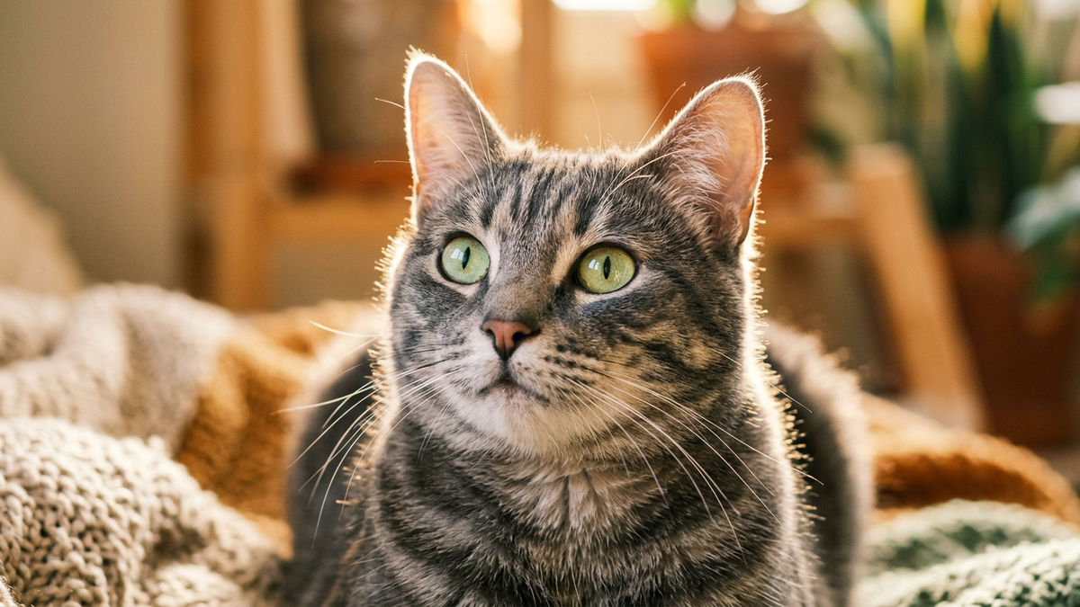 Close-up of a gray tabby cat with curious bright eyes in warm golden sunlight