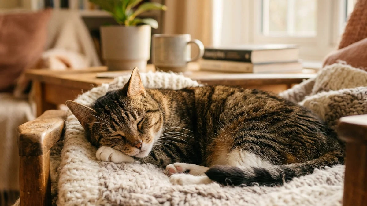 Healthy senior cat resting peacefully in warm sunlit living room conveying feline asthma longevity and wellbeing