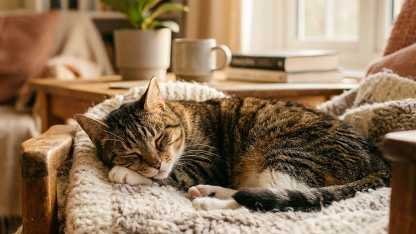 Healthy senior cat resting peacefully in warm sunlit living room conveying feline asthma longevity and wellbeing