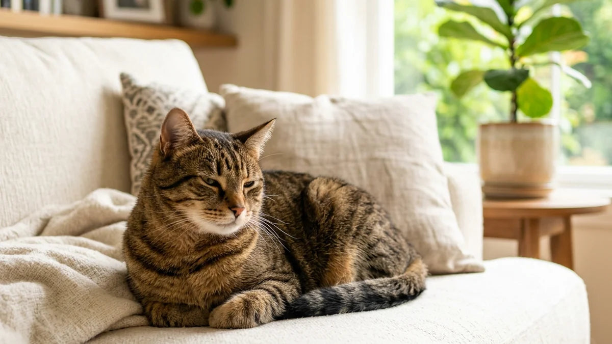 Healthy tabby cat relaxing peacefully on a cream sofa in a bright sunlit living room with natural light