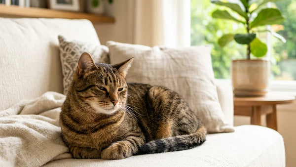 Healthy tabby cat relaxing peacefully on a cream sofa in a bright sunlit living room with natural light