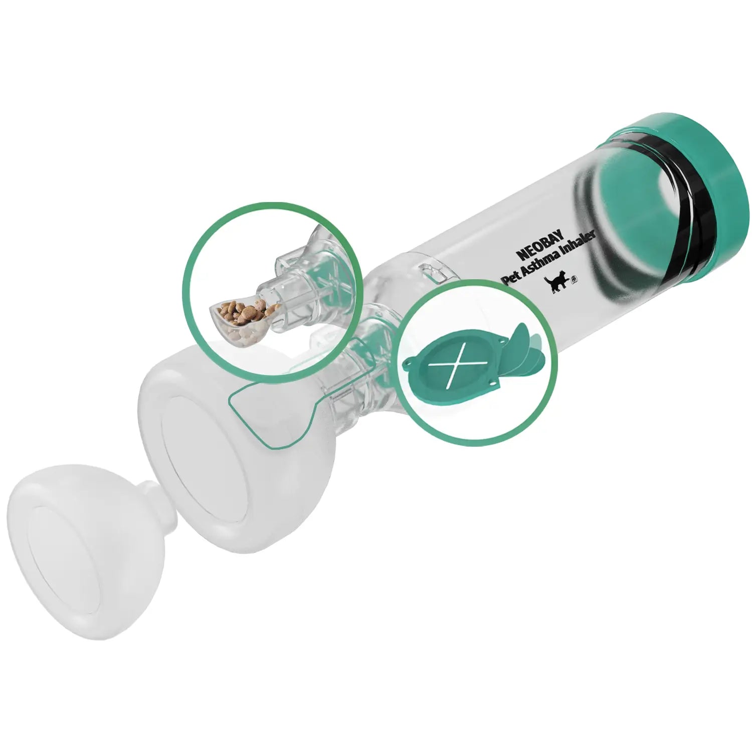 Neobay Cat Aerosol Chamber with mask attached - front view on white background
