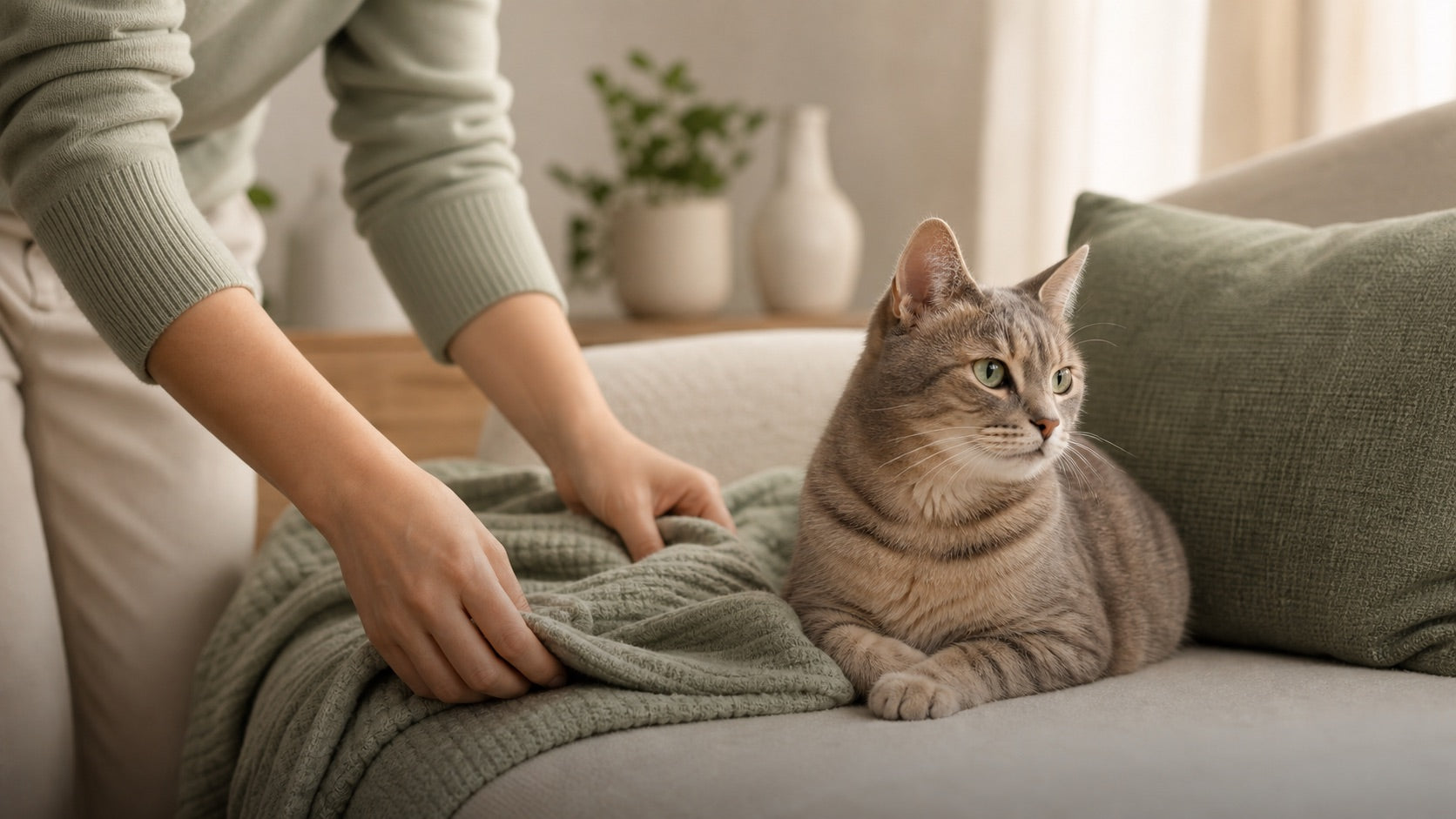 Gentle home care moment with a calm cat